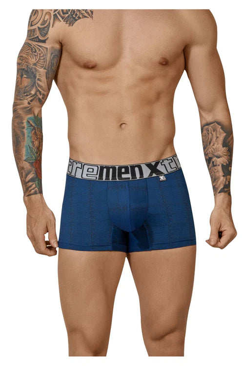 Blue xtremen 51451c geometric jacquard trunk men’s boxer briefs with gray elastic waistband and xtremen logo