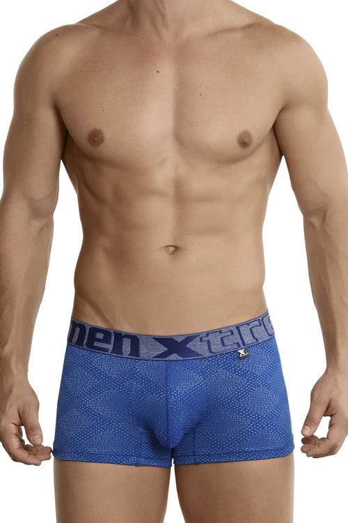 Blue men’s boxer briefs with jacquard stripes textured pattern and gray men x tere waistband by xtremen