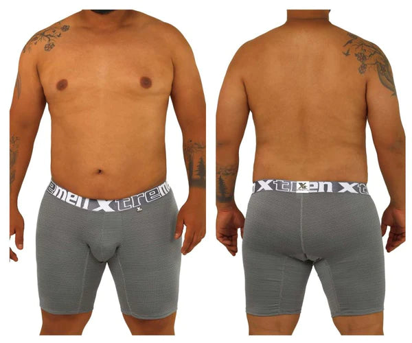 Gray men’s boxer briefs with white elastic waistband featuring xtremen logo offering unmatched comfort