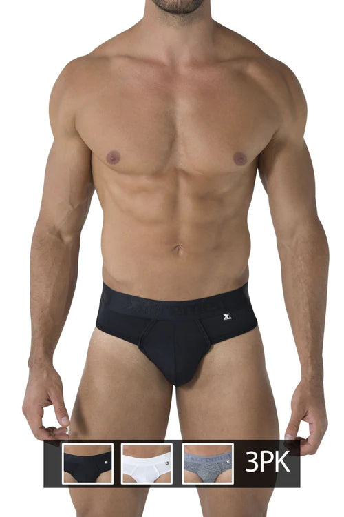 Black xtremen 91031-3 men’s briefs with subtle textured pattern and small logo on waistband in black white and gray