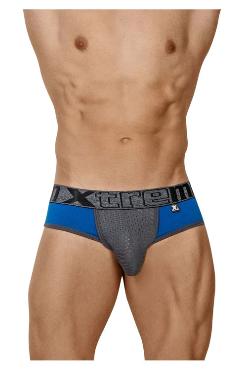 Blue and gray xtreme brand men’s briefs with a big pouch and mesh panel for style and comfort