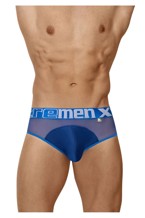 Blue and gray xtremen 91059 peekaboo mesh briefs with bold blue waistband featuring xtreme men x logo.