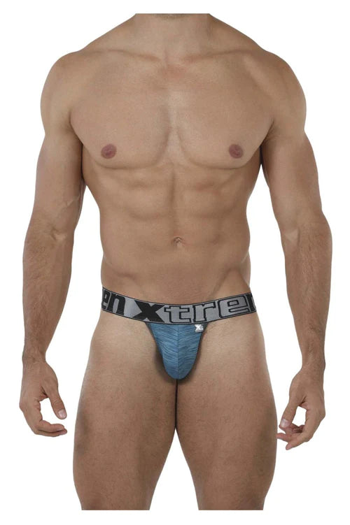 Blue textured mens briefs with black and white branded waistband made from microfiber for sleek comfort