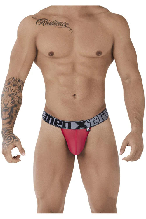 Red men’s microfiber briefs with gray men xtra waistband shown from front in xtremen 91082 pride bikini style.