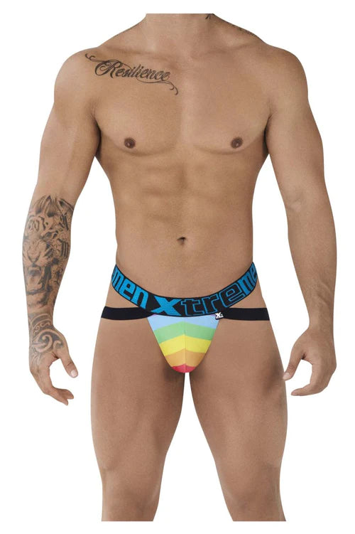 Xtremen 91083 microfiber pride jockstrap in blue with rainbow-striped briefs and men xtreme logo waistband