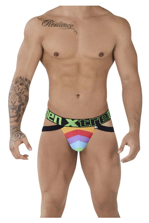 Vibrant rainbow-striped men’s briefs with green and black microfiber waistband featuring men xtreme logo