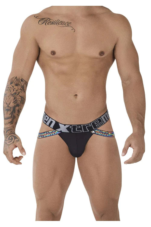 Black men’s briefs with bold men xtreme logo and colorful patterned waistband trim in microfiber pride style