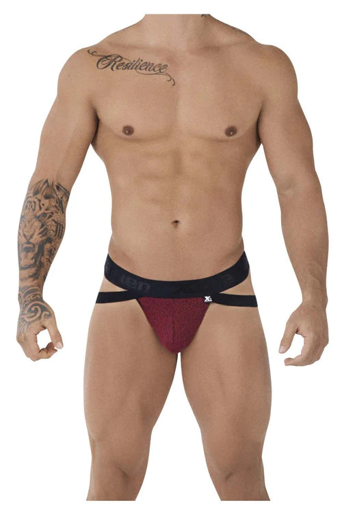 Maroon and black xtremen 91085 microfiber jacquard jockstrap with textured front panel and contrasting waistband