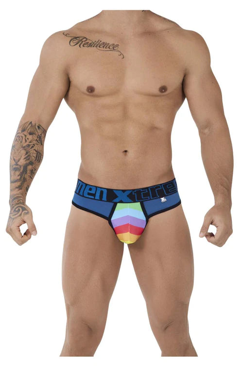 Blue men’s briefs in microfiber with a rainbow triangular design and men xtreme branding on the waistband