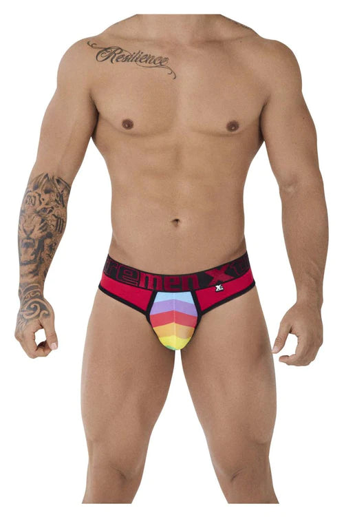 Red and black Xtremen 91086 microfiber briefs with a colorful rainbow gradient design on the front for comfort and style