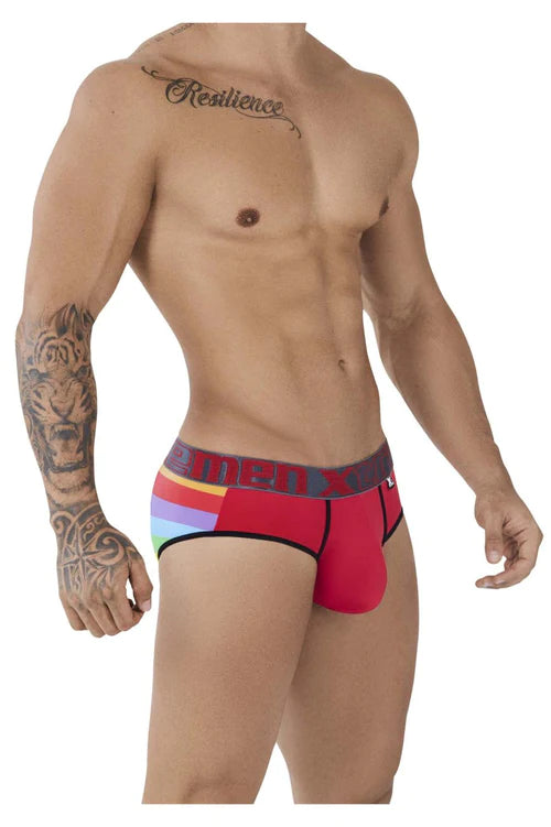 Red men’s microfiber briefs with rainbow waistband featuring menx logo from Xtremen 91088 Pride collection.
