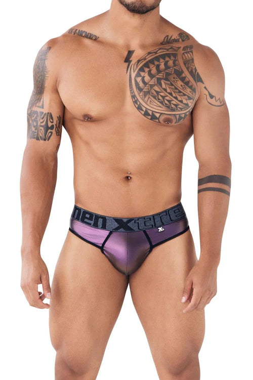 Purple and black menxtreme briefs with sheer mesh fabric and logo waistband complementing xtremen 91113 faux leather thongs