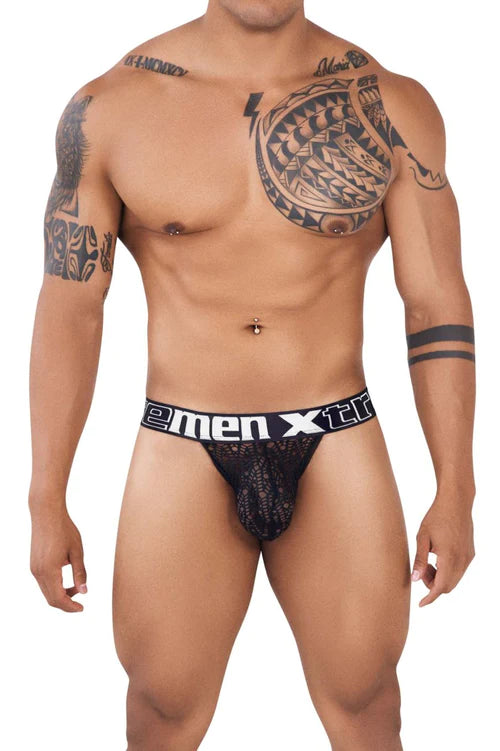 Black lace men’s briefs with a white emen xtr waistband showcasing style comfort and sensuality