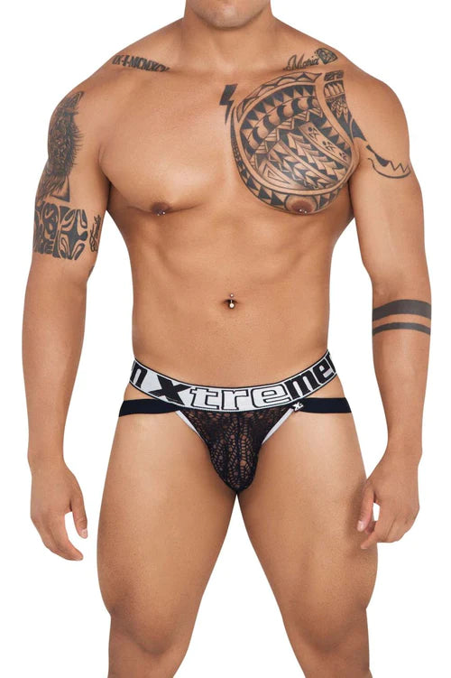Black lace thong with white xtreme branding on waistband featured in xtremen 91118 lace jockstrap black article