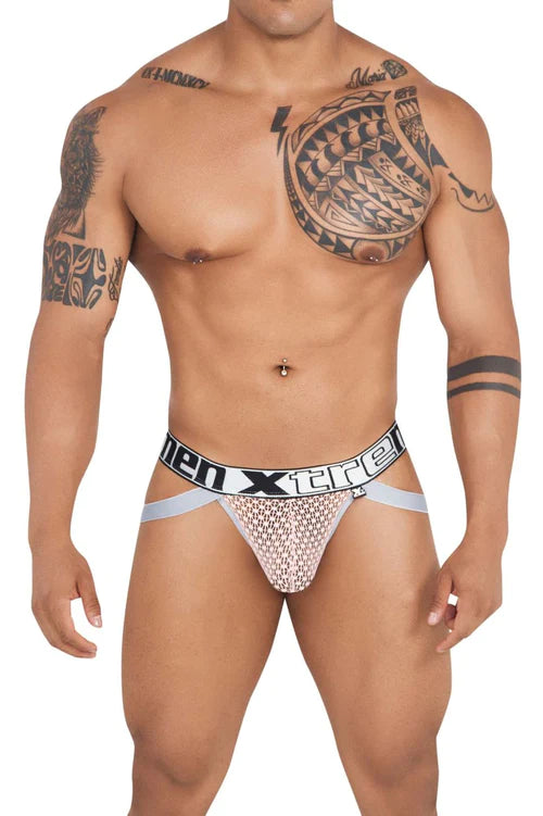White mesh men’s briefs with black and white branded waistband complementing xtremen 91118 lace jockstrap style