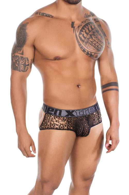 Black lace men’s briefs with gray elastic waistband featuring the men xtreme logo for seductive style and comfort