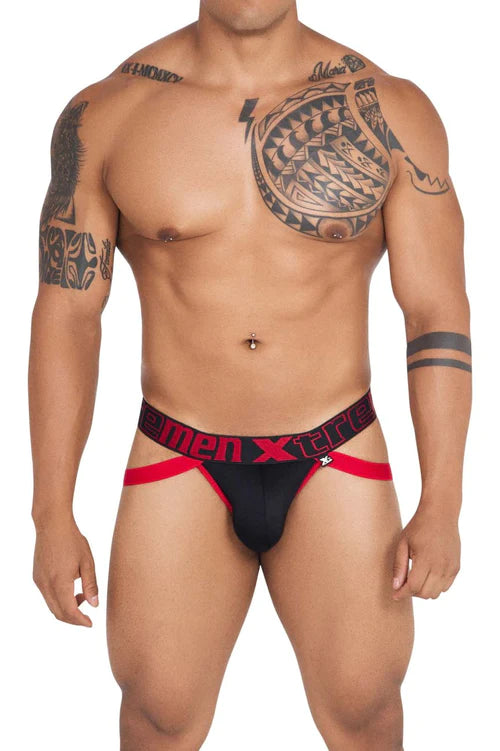 Black men’s briefs with red trim and bold men xtre logo on waistband showcasing xtremen 91139 athletic jockstrap