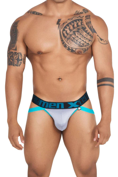 White men’s briefs with turquoise trim and black men x waistband complement xtremen 91139 light gray athletic jockstrap style