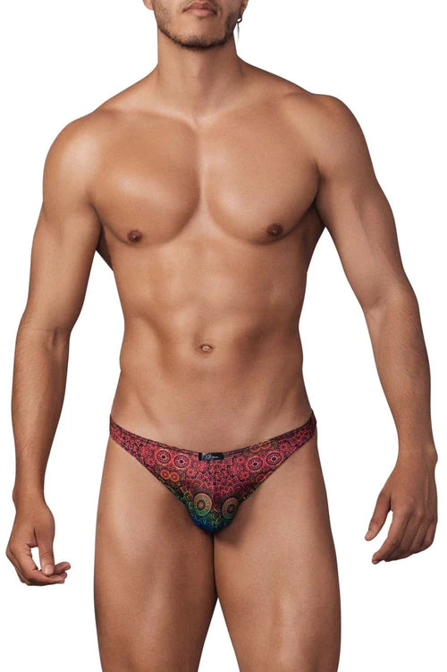 Vibrant red and multicolored mandala printed microfiber men’s briefs from Xtremen 91145 collection.
