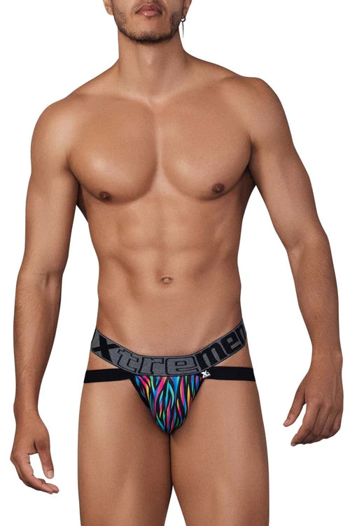Vibrant multicolored disco zebra patterned microfiber jockstrap with black xtreme elastic waistband.