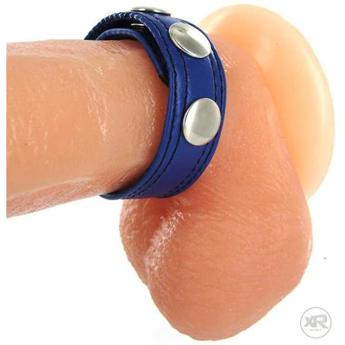 Blue leather wristband with three silver toned studs made of strict leather for a cobalt blue speed snap cock ring