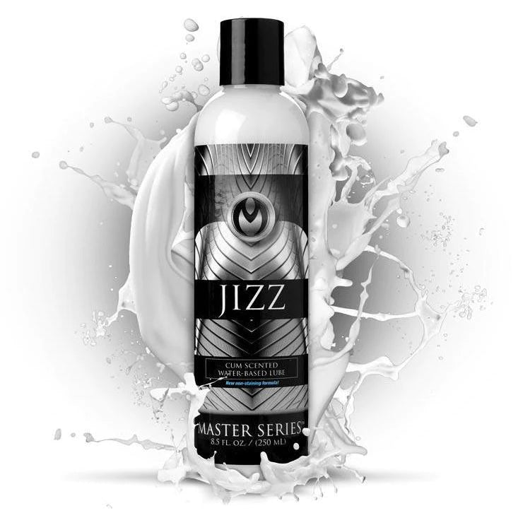 A sleek black and silver bottle of jizz master series cum-scented water-based lubricant with a glossy finish