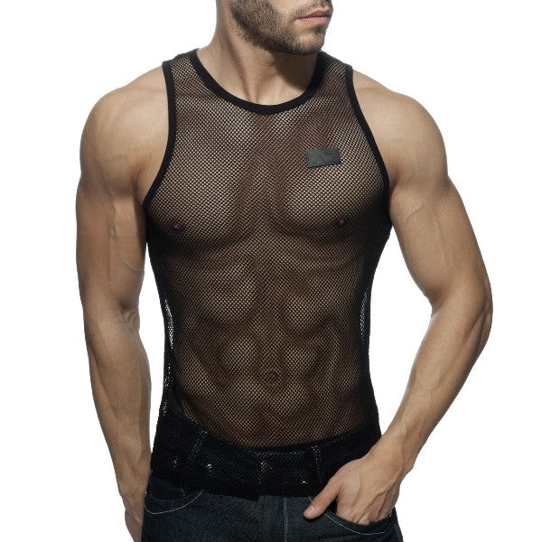 Black mesh tank top with subtle textured pattern and reinforced trim celebrating love and diversity