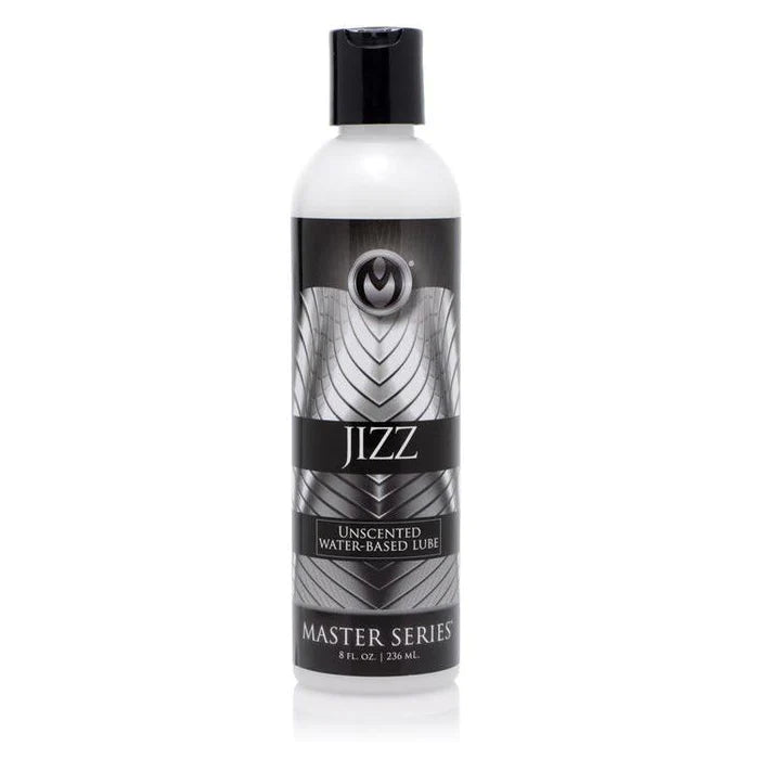 White plastic bottle with black cap and silver label of master series jizz unscented water-based lube 8oz