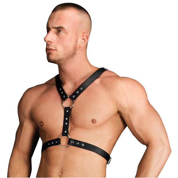 Black leather harness with silver metal hardware and studs featured in the Thanos chest centerpiece article