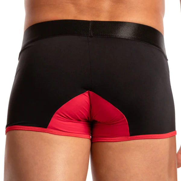 Black and red Agacio AGG047 Tour de France trunk boxer briefs with shiny black waistband and bold red back panel shown from back