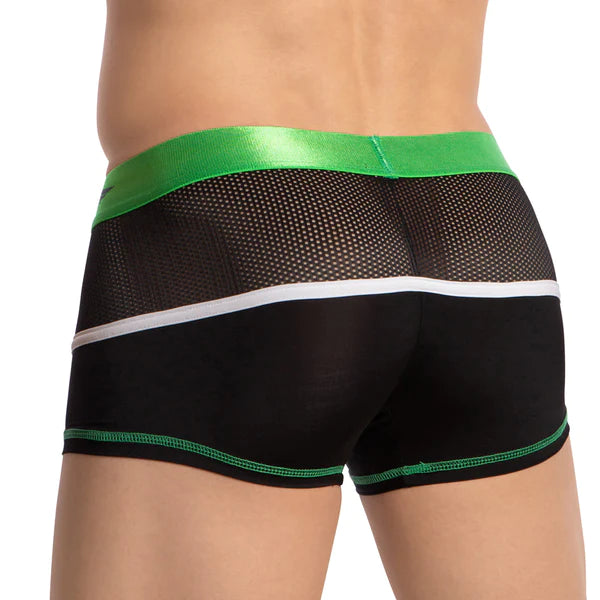 Black mesh briefs with vibrant green waistband and white stripe piping from agacio agg083 boxer trunk collection