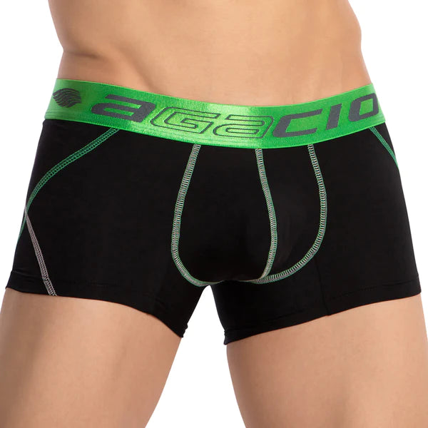 Black agacio men’s boxer briefs with a vibrant green waistband and subtle gray stitching for comfortable style