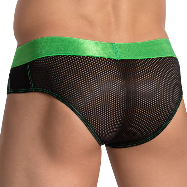 Agacio AGJ036 breathable comfy black mesh briefs with vibrant green elastic waistband for all-day comfort and style