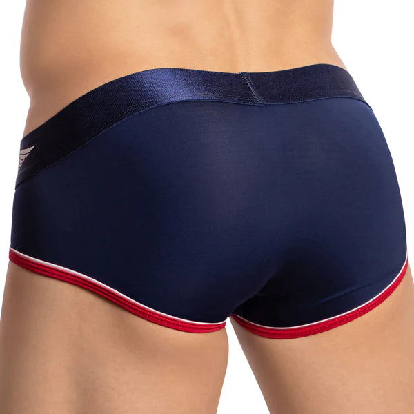 Navy blue agacio agj040 contoured pouch brief with red and white trim and satin waistband for comfort and style