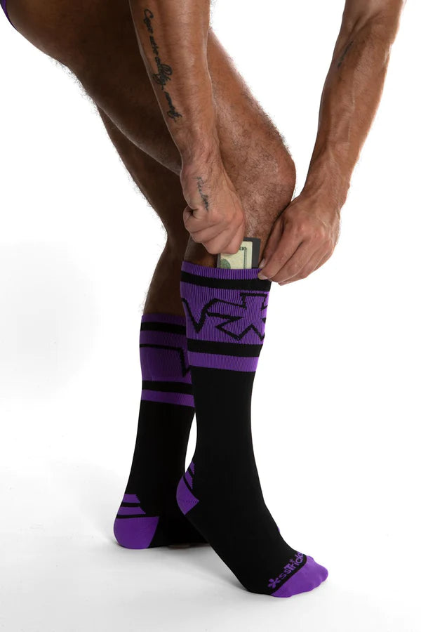 Black and purple athletic pocket socks with vx logo cuff and hidden cash pocket for convenience and versatility