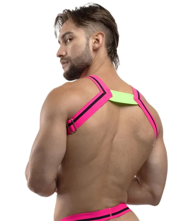 Bright pink and neon green teaser harness with black trim adjustable straps and metallic buckle for style and fit