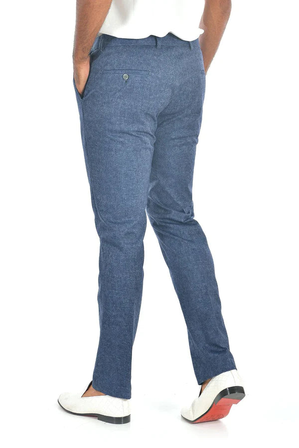 Blue textured rank pant trousers with a subtle pattern and buttoned back pocket shown from the back side.