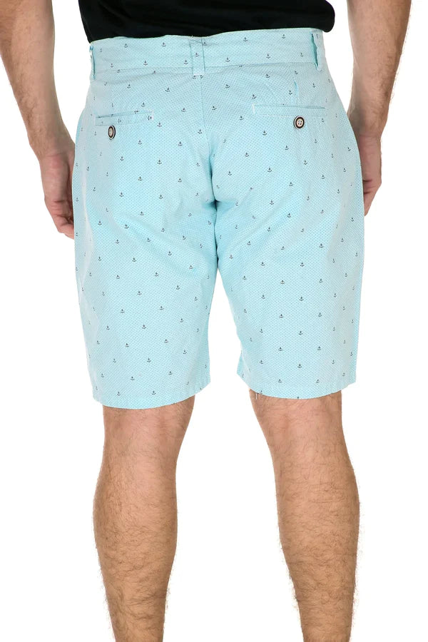 Light blue anchor micro print shorts shown from the back with buttoned pockets, perfect for stylish casual wear.