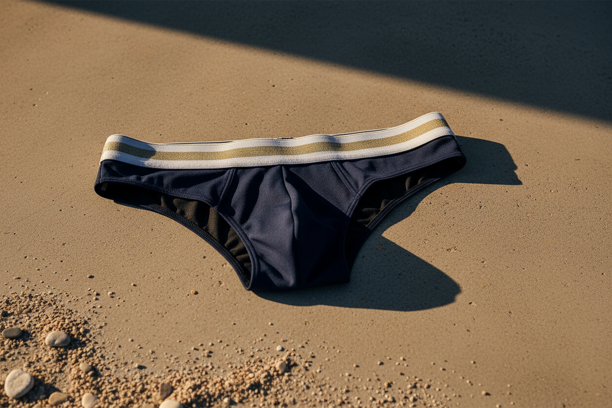 Best online stores for sexy men's underwear and jockstraps in 2026 — editorial flat-lay featuring a premium athletic-waistband brief on warm concrete with hard directional sunlight