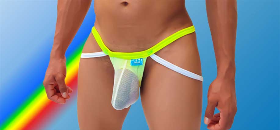 Neon yellow and white mesh thong with transparent pouch featured in the ultimate guide to gay underwear styles 2026