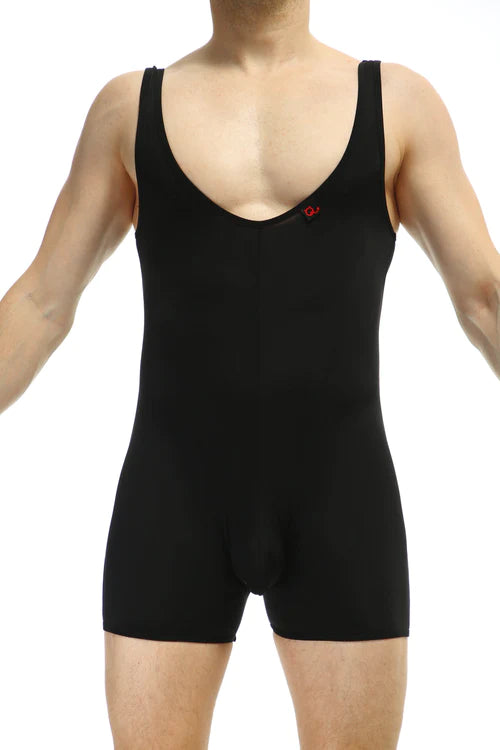 Black sleeveless bodysuit with scoop neckline and red logo by PetitQ combines style and comfort for everyday wear.
