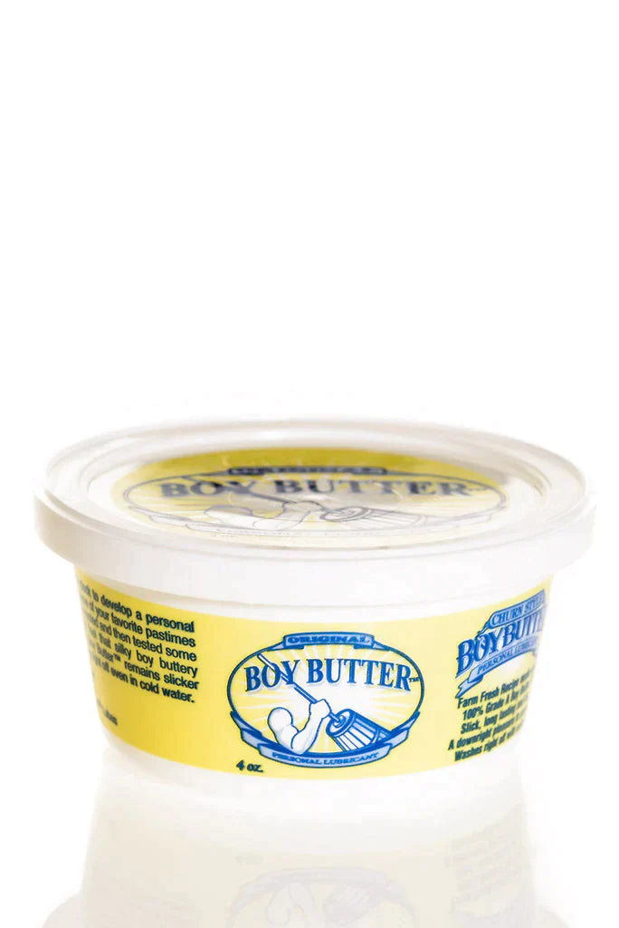 Yellow-labeled boy butter original formula container with clear plastic lid and white body for personal use