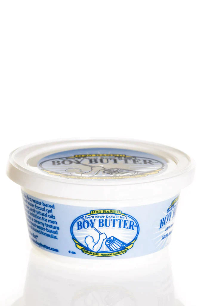 White plastic container of boy butter water based gel lubricant with blue and yellow labeling in front view