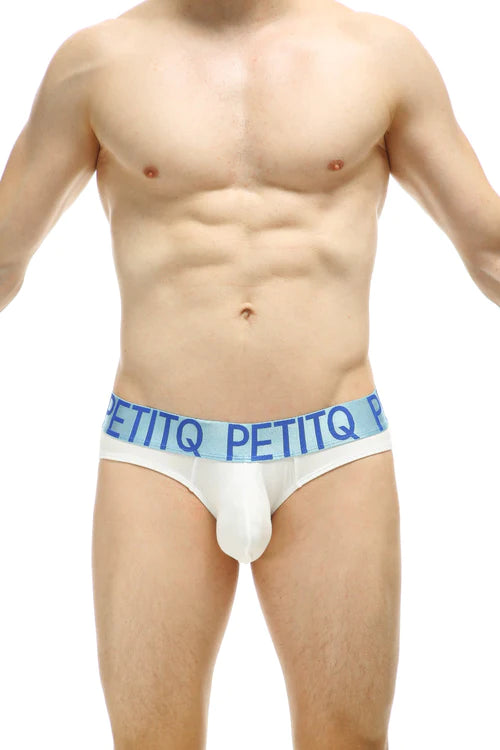 White mens briefs with a light blue petitq logo waistband made from organic bamboo for comfort and durability