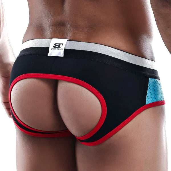 Back side of brieftales bte002 jockstrap black briefs with red trim silver waistband and blue mesh panel for support
