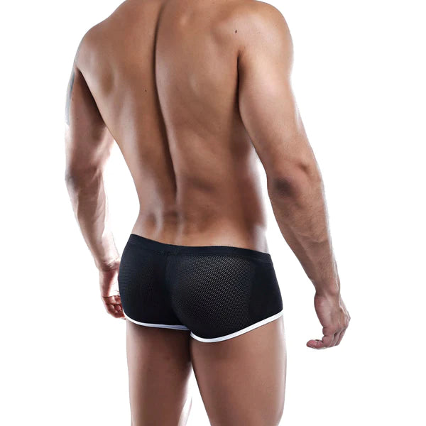 Black mesh briefs with white trim showcasing breathable comfort and style in brieftales btg003 boxer trunk design