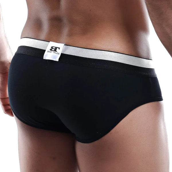 Black briefs with silver waistband and white bt logo label showcasing style and comfort in brieftales btj002 brief