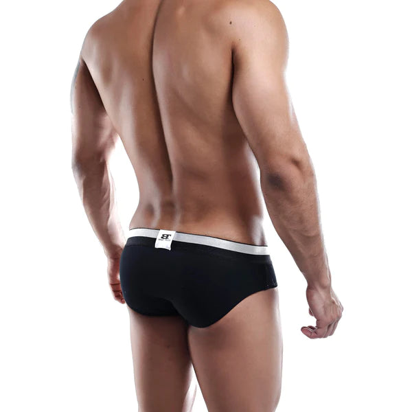 Black briefs with a white waistband and small logo tag perfect blend of style and comfort by Brieftales BTJ003