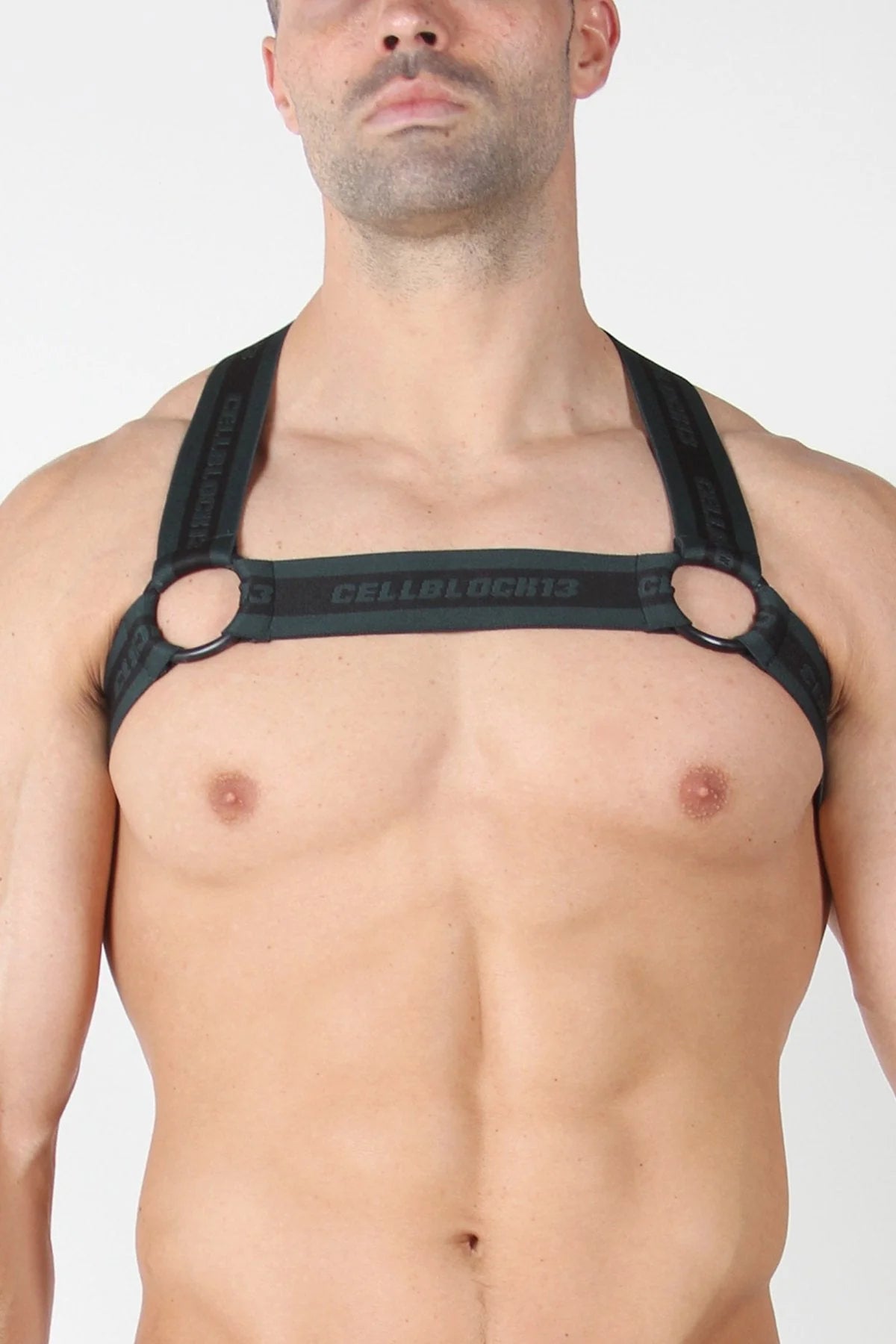 Black cellblocks branded chest harness with adjustable straps and metal rings shown from the back for style and comfort