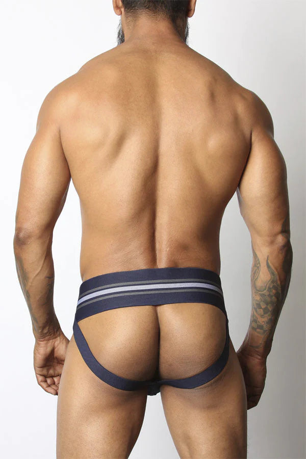 Navy blue and gray striped tight end jockstrap briefs with supportive contoured design for athletic use
